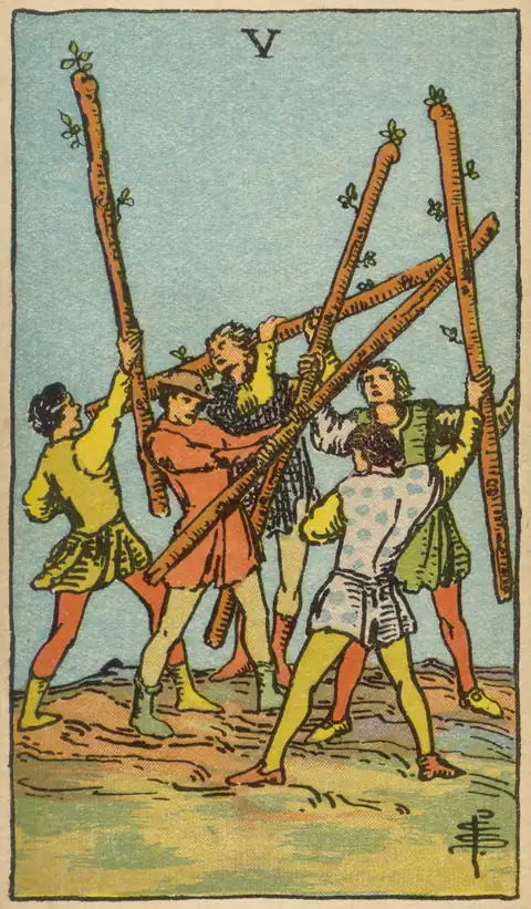 Lámina de Cinco de Bastos del tarot de Pamela Colman Smith, 1909