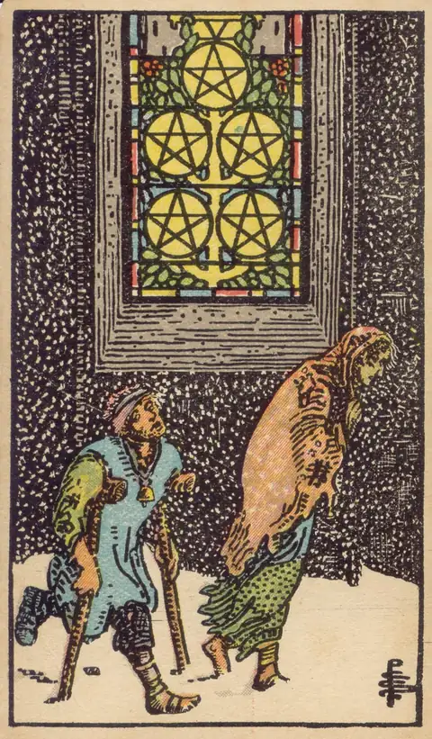 Lámina de Cinco de Oros del tarot de Pamela Colman Smith, 1909