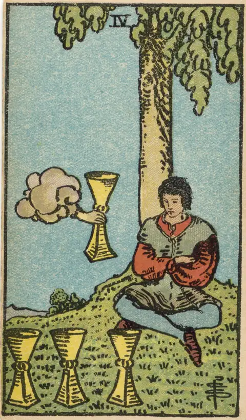 Lámina de Cuatro de Copas del tarot de Pamela Colman Smith, 1909