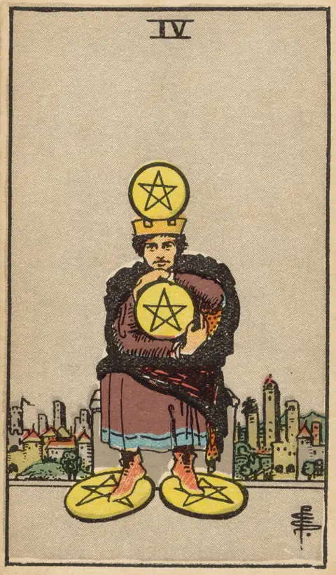Lámina de Cuatro de Oros del tarot de Pamela Colman Smith, 1909