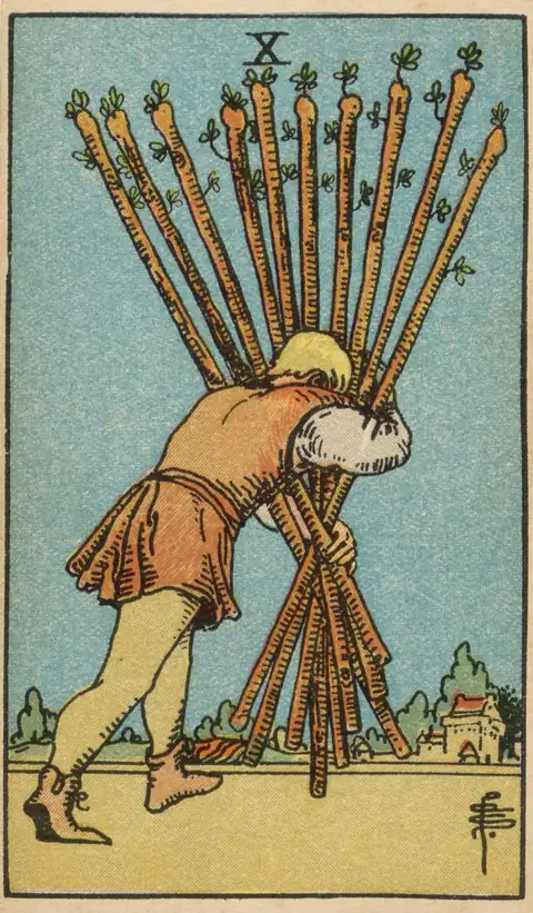 Lámina de Diez de Bastos del tarot de Pamela Colman Smith, 1909