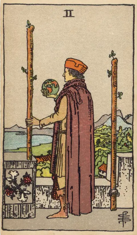 Lámina de Dos de Bastos del tarot de Pamela Colman Smith, 1909