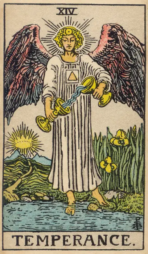 Carta La Templanza del tarot: un ángel con un pie en el agua y otro en la tierra pasa agua de una copa a otra, junto a un sendero que sube hacia el sol
