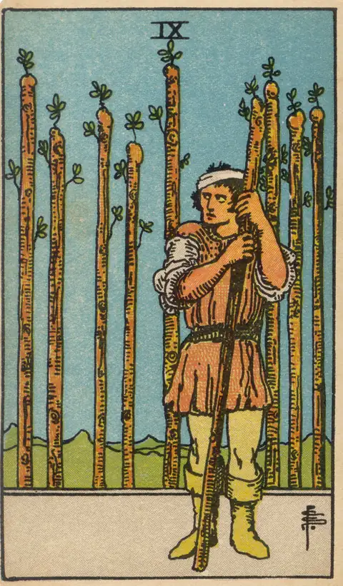 Lámina de Nueve de Bastos del tarot de Pamela Colman Smith, 1909
