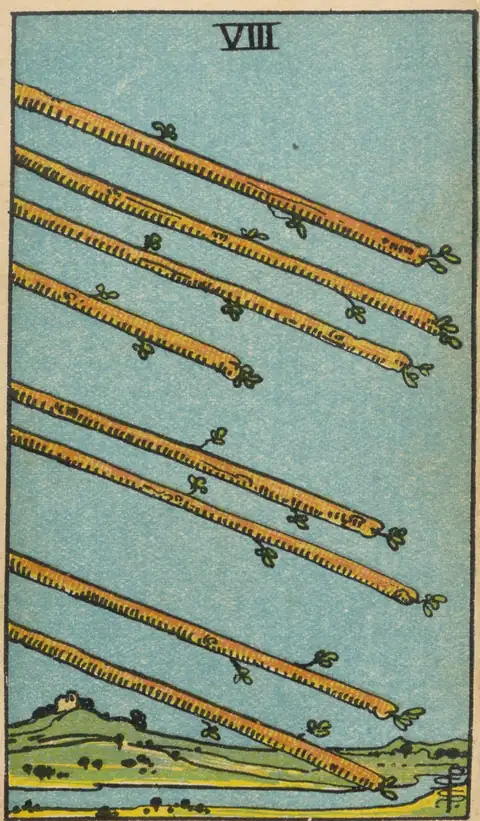 Lámina de Ocho de Bastos del tarot de Pamela Colman Smith, 1909