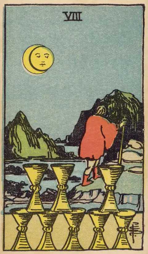 Lámina de Ocho de Copas del tarot de Pamela Colman Smith, 1909