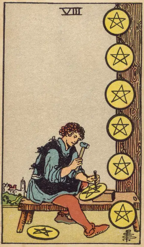 Lámina de Ocho de Oros del tarot de Pamela Colman Smith, 1909