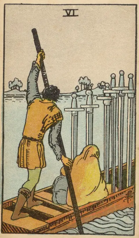 Lámina de Seis de Espadas del tarot de Pamela Colman Smith, 1909