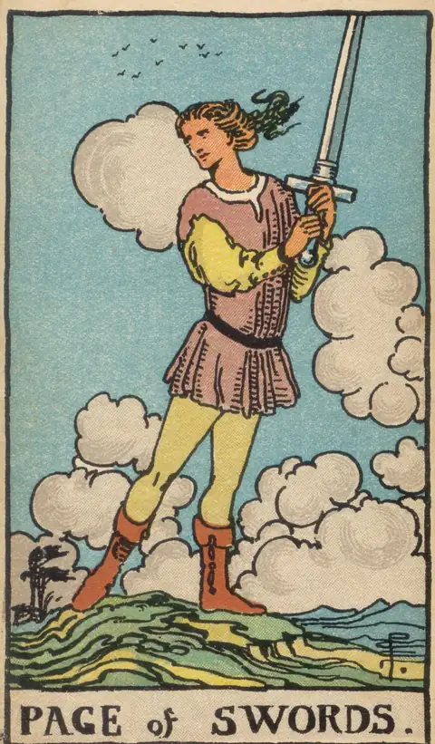 Lámina de Sota de Espadas del tarot de Pamela Colman Smith, 1909