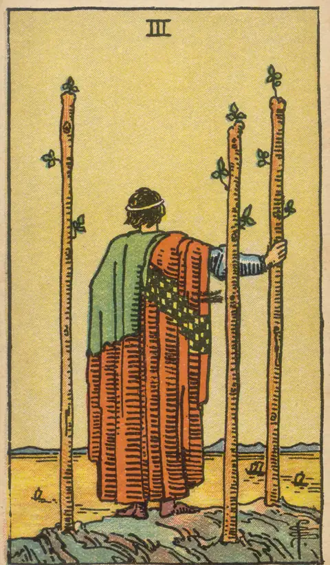 Lámina de Tres de Bastos del tarot de Pamela Colman Smith, 1909