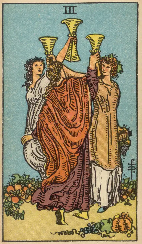 Lámina de Tres de Copas del tarot de Pamela Colman Smith, 1909