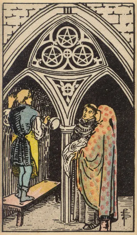 Lámina de Tres de Oros del tarot de Pamela Colman Smith, 1909